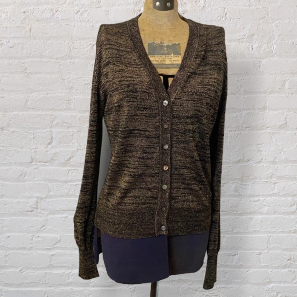 Philippe Adec Black Metallic Gold Slik Long Sleeve Button Up V-neck Cardigan